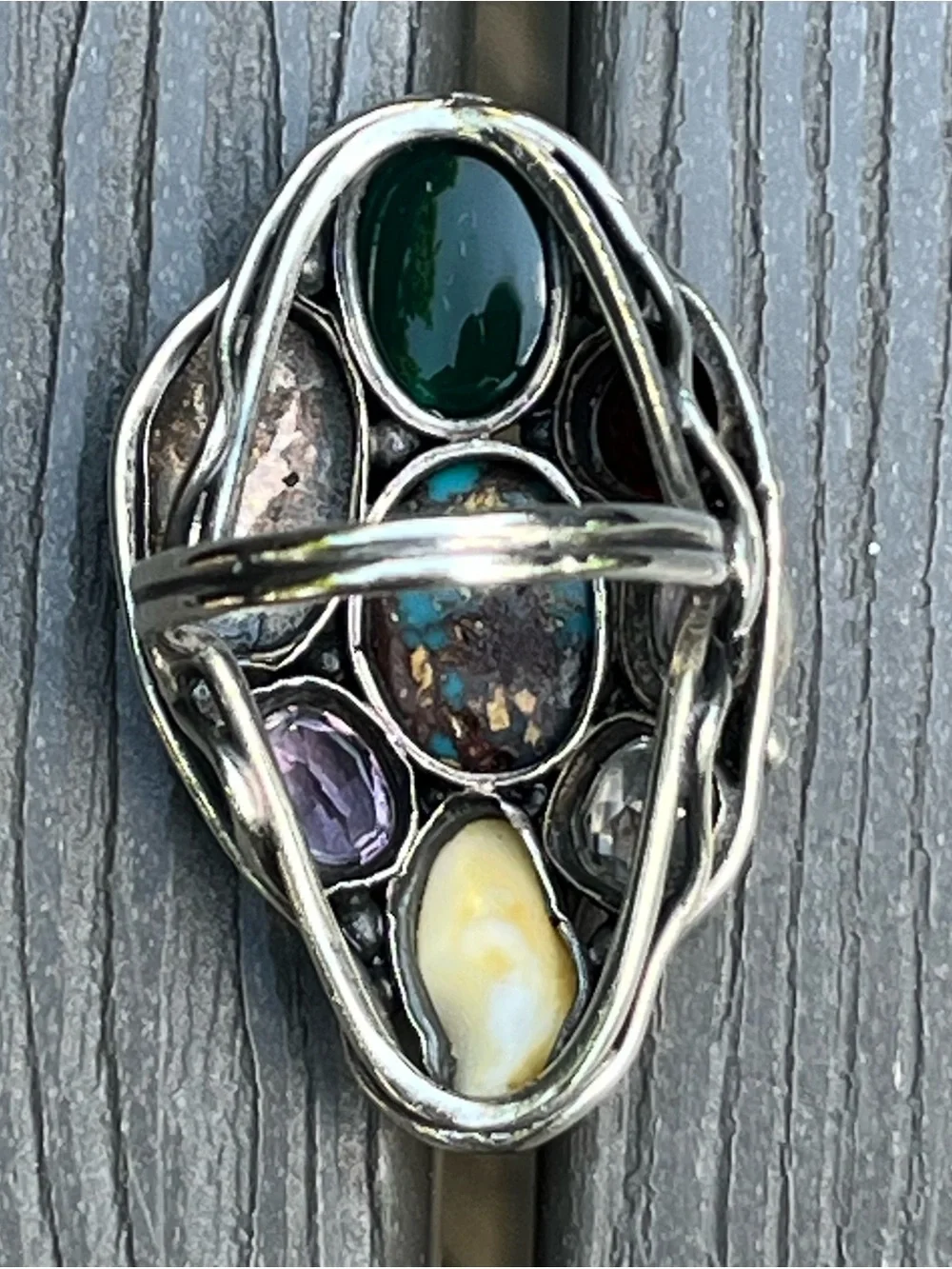 Multistone Silver Ring with Turquoise, Red & Purple Accents